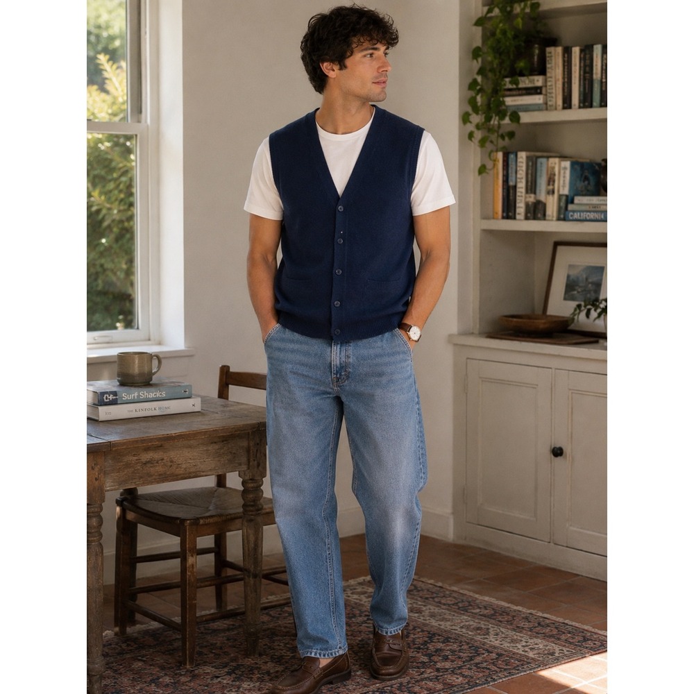Woolovers Pure New Wool Navy Blue Button‎ Up Vest Mens Large
